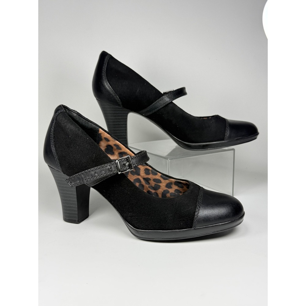 Clarks Womens 8 Mary Jane Pumps 60592 Black Leather Suede Cap Toe Leopard Heel